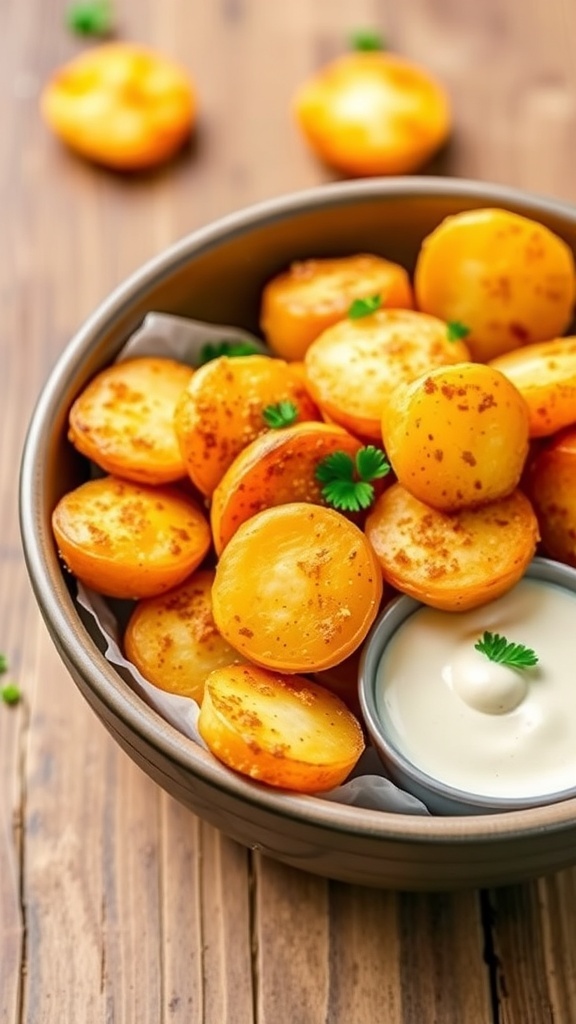 Crispy golden potato bites in a bowl, garnished with parsley, served with dipping sauce on a wooden table.